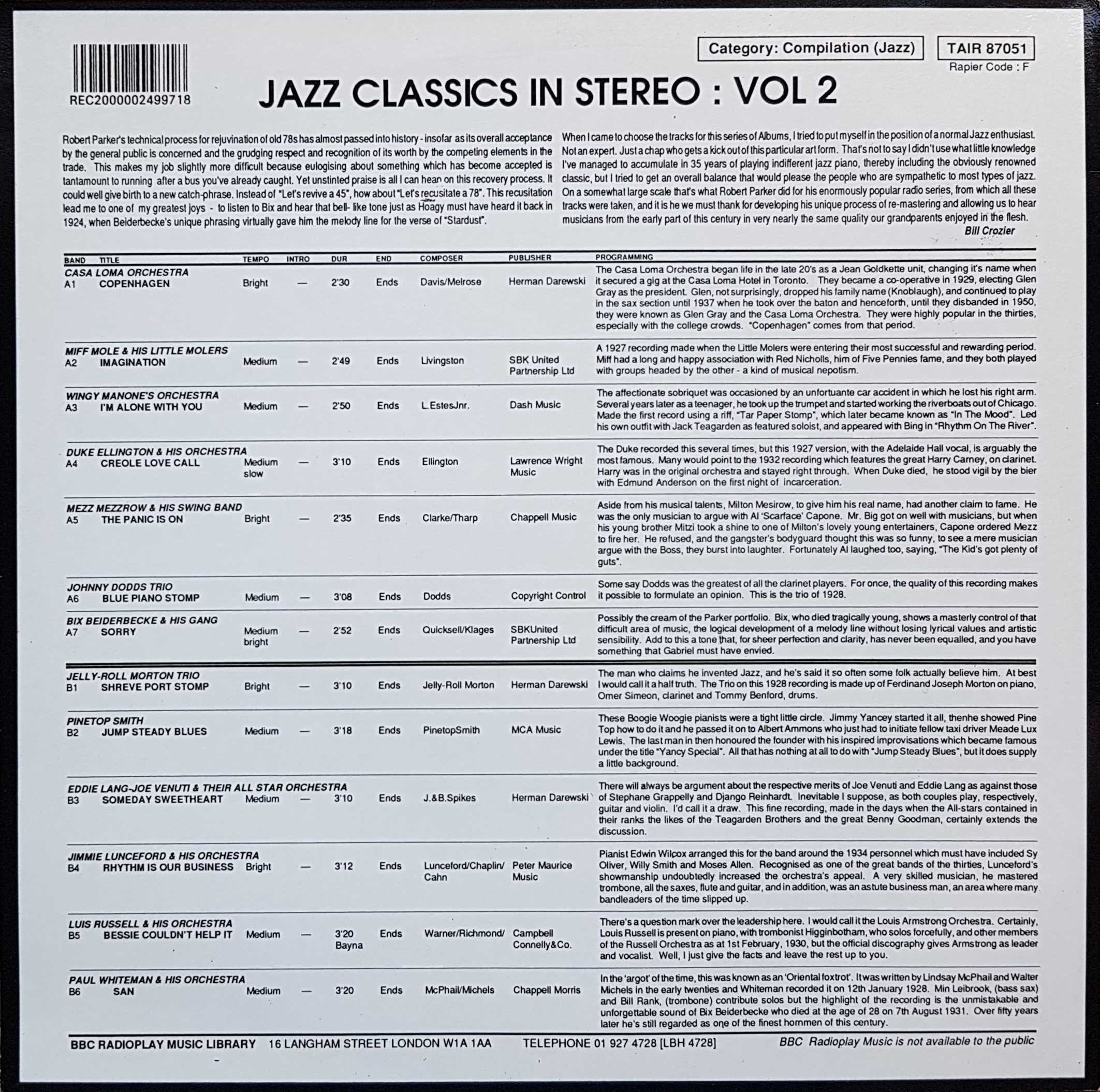 Picture of TAIR 87051 Jazz classics - Volume 2 by artist Various from the BBC records and Tapes library